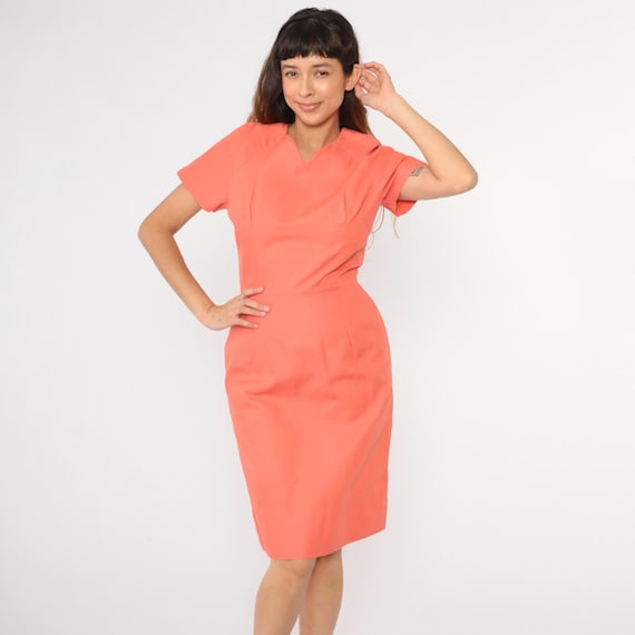 1960s Day Dress Coral Pencil Dress Vintage Tea Length 60s Midi Short Sleeve Mad Men Mid Century V Neck High Waist Pin Up Plain Small