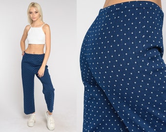 Polka Dot Pants 70s Bell Bottom Trousers Navy Blue Bellbottoms Mod Boho Retro High Waisted Flared Pants Hippie Flares Vintage 1970s Medium M