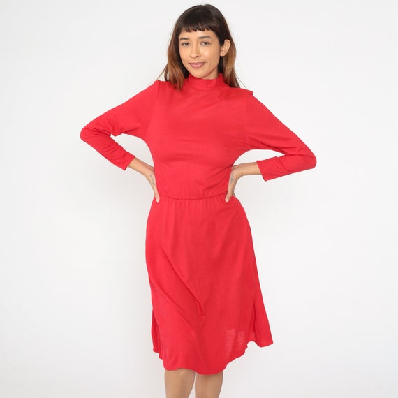 Red Acrylic Dress 70s 80s Mock Neck Midi Dress Long Sleeve Dress Pocket Low Waist Secretary Long Sleeve 1980s Vintage Plain Medium Large