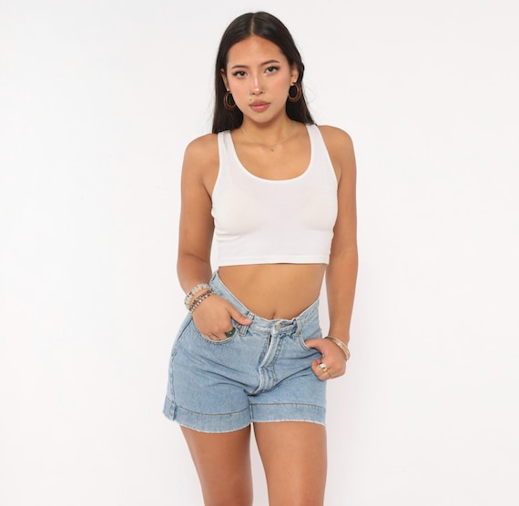 Bongo Blue Jeans 90s High Waisted Denim Shorts Light Wash Cutoff Jean Mom Style Cotton Raw Hem Waist Pockets Summer Casual Vintage Women 26