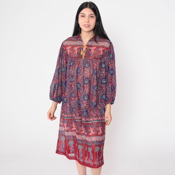 Indian Floral Dress 70s Midi Dress Red Blue Flower Print Long Sleeve Bib Boho Flowy Relaxed Summer Hippie Vintage 1970s Tabby California XL