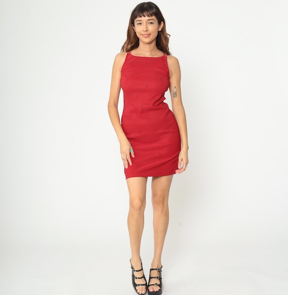 90s Red Mini Dress Beaded Bodycon Sleeveless Scoop Neck Party Cocktail Club Dress Y2K Spandex Fitted Double Strap Vintage Small S