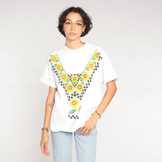 Sunflower T-Shirt 90s Checkered Floral Print Shirt Retro Flower Graphic Tee Girly Gardening TShirt Single Stitch White Vintage 1990s Large L