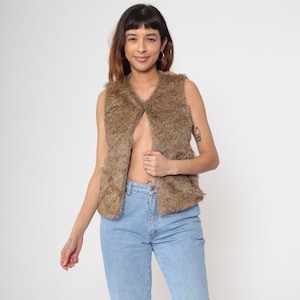 Y2K Faux Fur Vest Vintage Brown Vegan Fake Fur Winter Vest Bohemian Furry Glam Bohemian Sleeveless Jacket Boho Small S