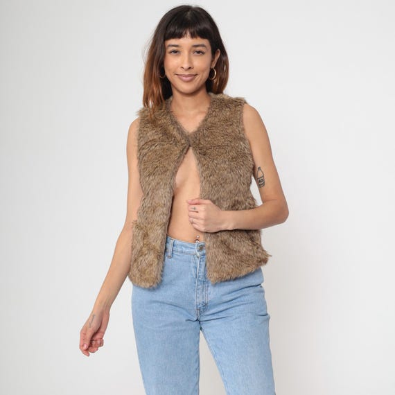 Y2K Faux Fur Vest Vintage Brown Vegan Fake Fur Winter Vest Bohemian Furry Glam Bohemian Sleeveless Jacket Boho Small S