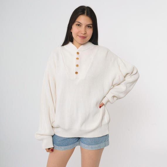 90s Eddie Bauer White Knit Pullover Sweater Cotton Button Neck Heavyweight Winter Preppy Nerdcore Slouchy Fit Drop Shoulder Extra Large XL