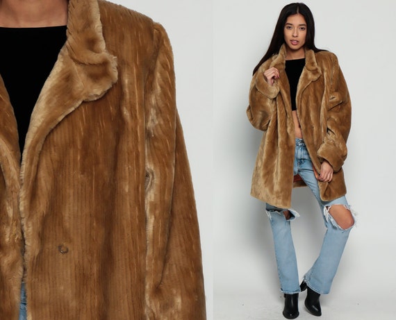 Brown Faux Fur Jacket 70s FUZZY Coat Furry Vegan Vintage 80s Bohemian Wrap Chunky Animal Stripe Mod Bohemian Hipster Boho Large xl