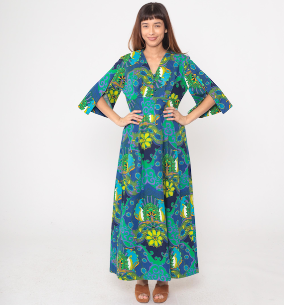 70s Psychedelic Hawaiian Dress Tropical Print V Neck Three Quarter Sleeve Blue Green Yellow Paisley Floral Bohemian Hippie Summer Medium M