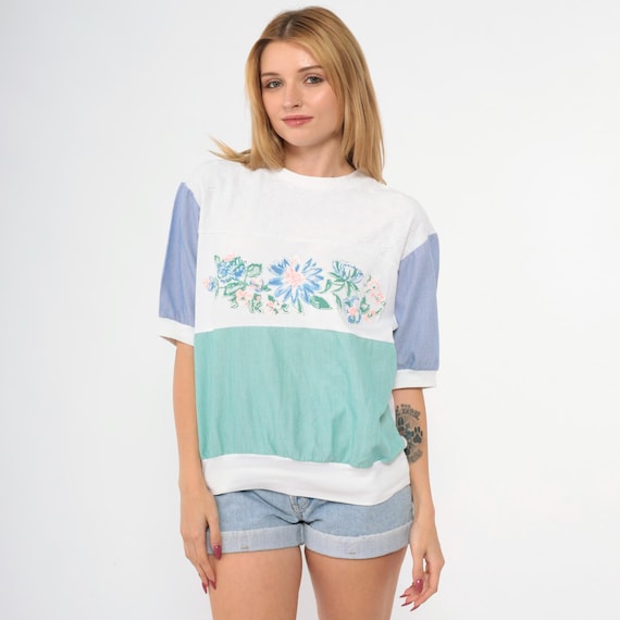 Vintage Striped Floral Blouse Pastel Slouchy Shirt 90s Color Block Top 1990s Casual Green Blue White Short Sleeve Medium