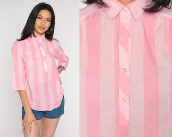 Pink Striped Blouse 80s Semi-Sheer Collared Shirt Half Button Up Top 3/4 Sleeve Retro Preppy Basic Summer Top Collar Vintage 1980s Small S