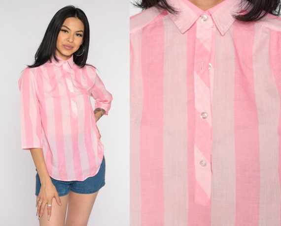 Pink Striped Blouse 80s Semi-Sheer Collared Shirt… - image 1