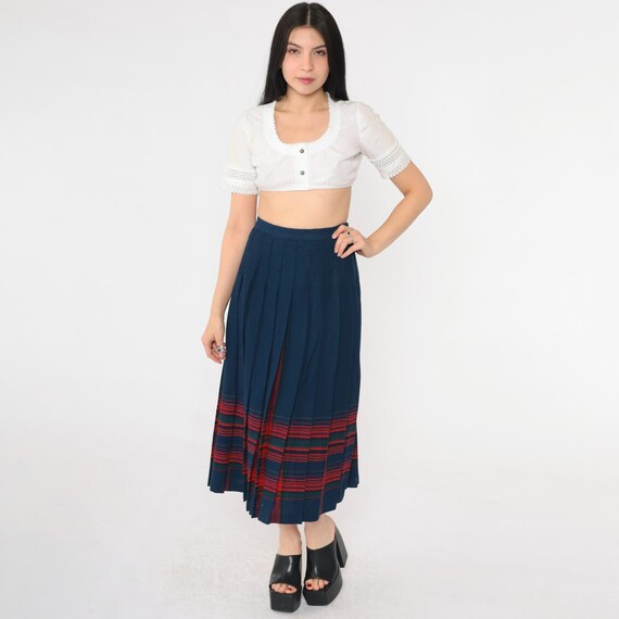 Vintage Pendleton Midi Skirt 80s Wool Striped Navy Blue Dark Red Pleated Skirt High Waisted School Girl Preppy Uniform Academia 1980s Small