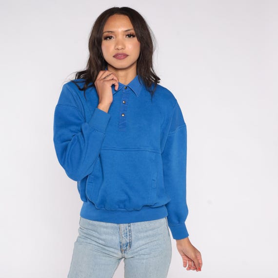 Blue Polo Sweatshirt Vintage 90s Trader Bay Collared Pullover Long Sleeve Snap Front Kangaroo Pocket Ribbed Trim Fleece Lined Preppy Small S