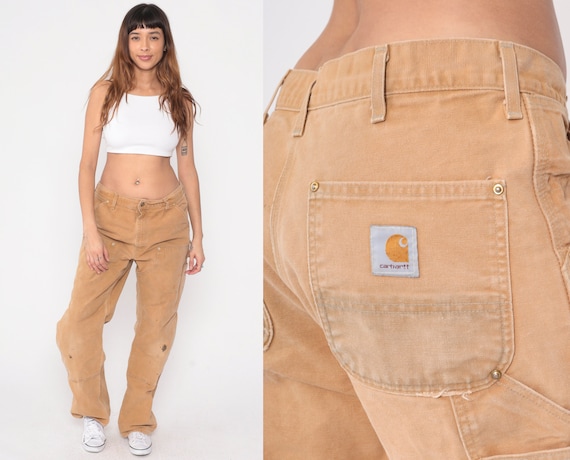 Double Front Carhartt Pants 90s Tan Jeans Utility Pants Distressed Workwear Carpenter Cargo Straight Leg Vintage 1990s Men's 36 x 34 Large