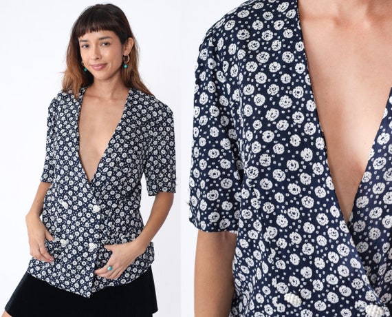 Navy Blue Floral Blouse 90s Wrap Top Double Breasted Button Up Shirt Puff Sleeve White Rosette Print V Neck Preppy Boho Vintage 1990s Medium