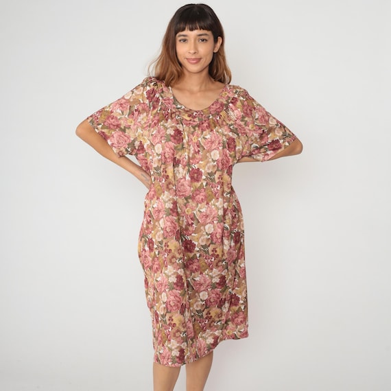 80s Floral Muumuu Dress Pink Burgundy Flutter Sleeves Round Neck Vintage Summer Cottagecore Prairie Romantic Garden Sundress Lounge Large L