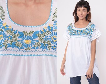 Mexican Embroidered Top Blouse 90s White Blue Floral Blouse Peasant Hippie Short Sleeve Shirt Boho Crochet Lace Vintage 1990s Extra Large xl