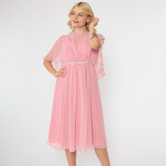 70s Chiffon Party Dress Pink Pearl Beaded Capelet Midi Dress Flutter Sleeve 1970s Boho High Waist Sheer Disco Gown Formal Evening Medium 8