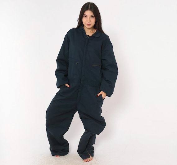 Insulated Coveralls Cintas Lined Jumpsuit Workwear Utility Snap Collar Dark Blue Cotton Blend One Piece Gorpcore Industrial Mens Large L