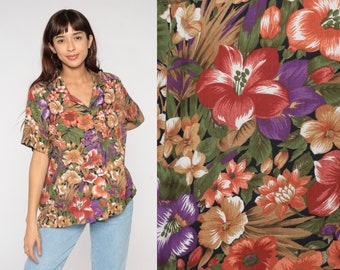 90s Tropical Shirt Floral Blouse Button Up 80s Vintage Surfer Vacation Short Sleeve Leaf Print Retro Top Pocket Multicolored Extra Large xl