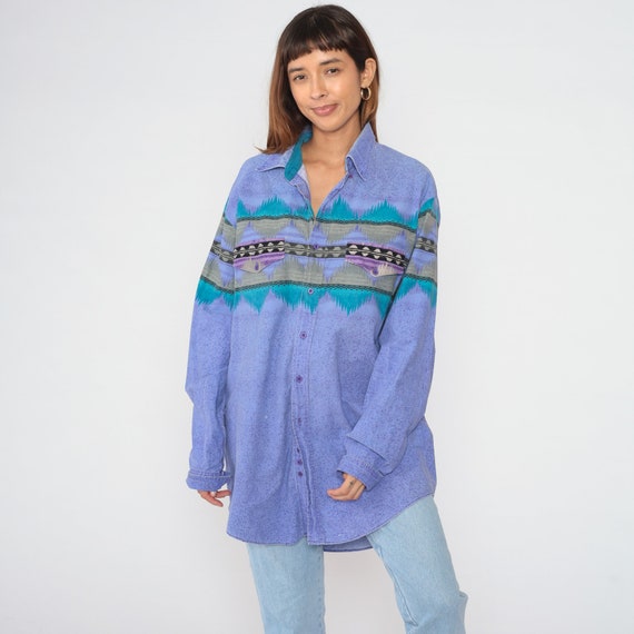 Purple Southwestern Shirt 90s Western Button up Shirt Geometric Southwest Print Long Sleeve Rodeo Vintage 1990s Roper Men's Extra Large xl