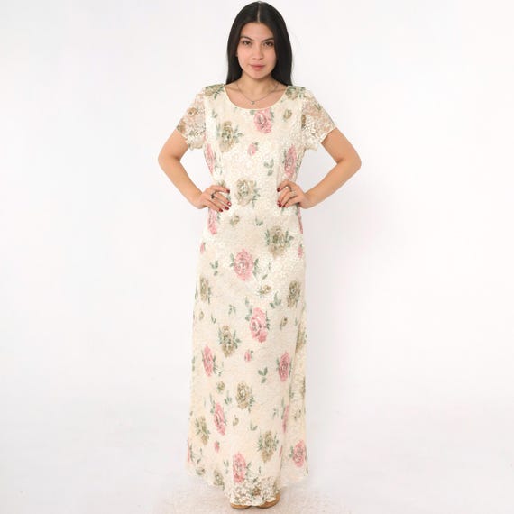 Vintage Floral Lace Dress 90s Cream Maxi Dress 1990s Bohemian Party Short Sleeve Shift Summer Drape Scoop Neck Medium 10