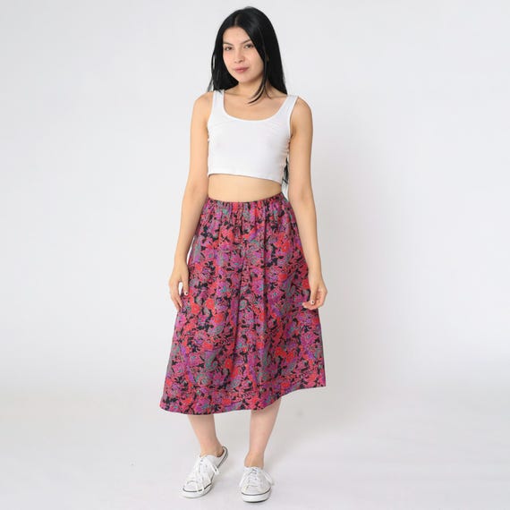 Vintage Paisley Floral 80s Jacquard Boho Skirt A-Line Red Purple Midi Hippie Bohemian Hippie High Elastic Waist 1980s Small Medium