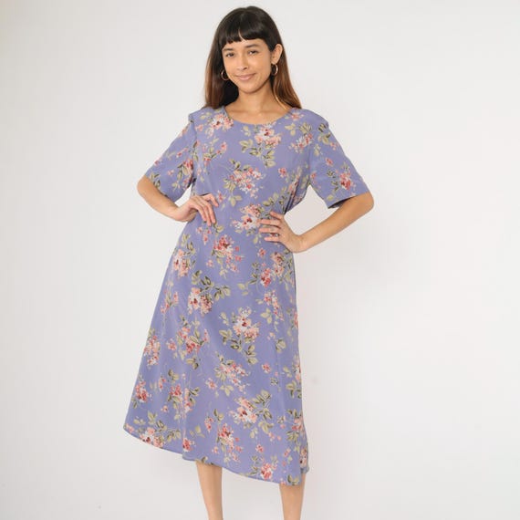 Vintage 90s Floral Dress Size 16 Purple Grunge Dress Boho Midi Princess Seam 1990s Sheath Short Sleeve Large xl
