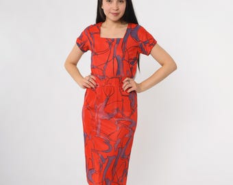 Robe abstraite des années 60 rouge violet imprimé géométrique col carré Mid Century Mod psychédélique vintage Groovy Space Age tourbillon motif Style petit S