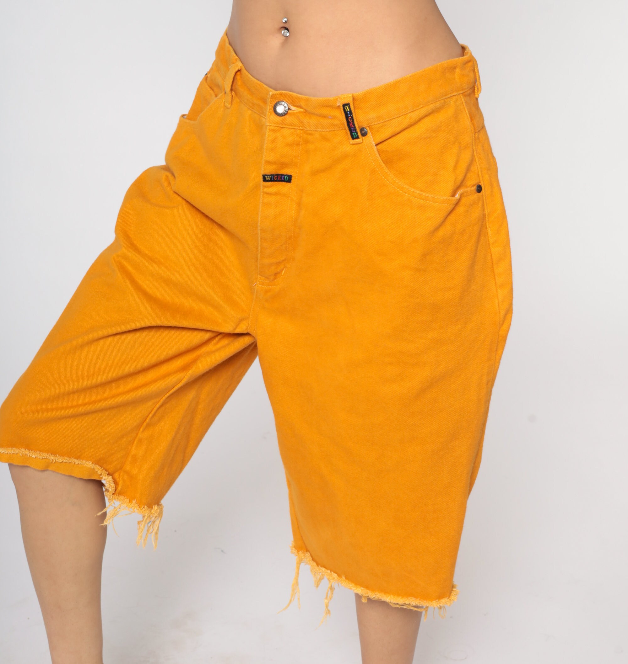 Orange Denim Shorts 90s Wicked High Waisted Shorts Grunge Raw Edge Jean