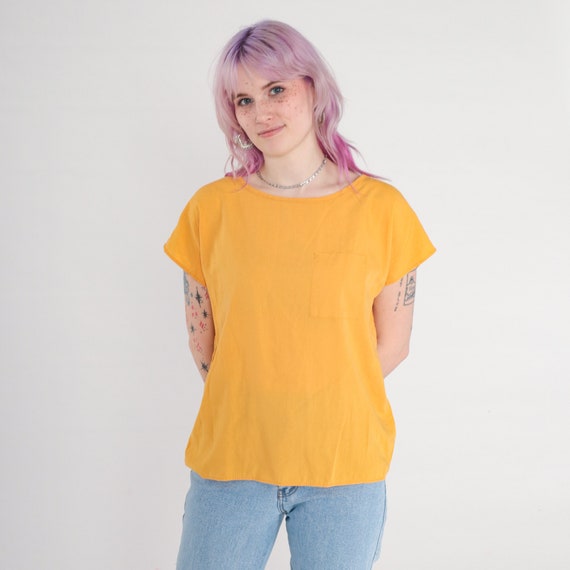 Mustard Yellow Shirt 90s Pocket Top Short Cap Sleeve Blouse Vintage Plain Top 1990s Polyester Rayon Plain Blank Simple Casual Medium