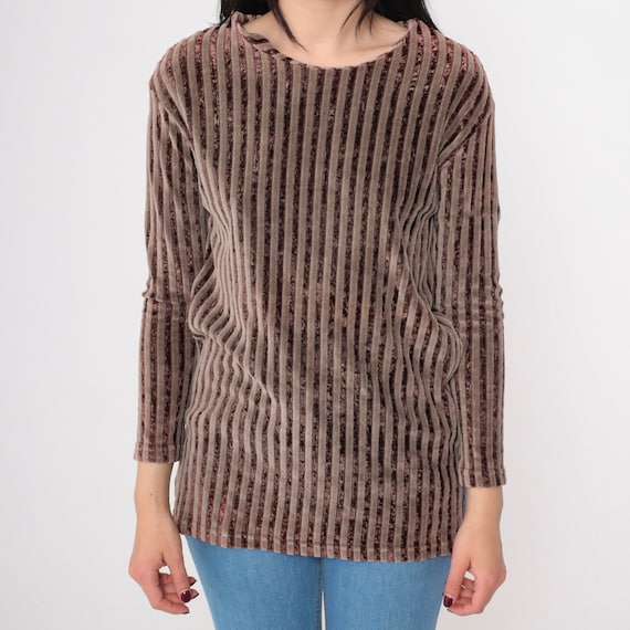 90s Velour Shirt Brown Striped Blouse Scoop Neck Long Sleeve Shirt 1990s Retro Top Soft Textured Casual Longline Tunic Top Small