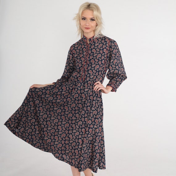 70s Paisley Dress Navy Blue Midi Dress Button Up … - image 4