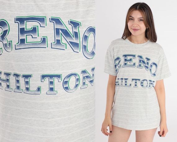 Reno Hilton Shirt 90s Nevada Shirt Hotel Resort T-Shirt Retro Graphic Tee Vintage 1990s Striped Heather Grey Crewneck Tee Medium