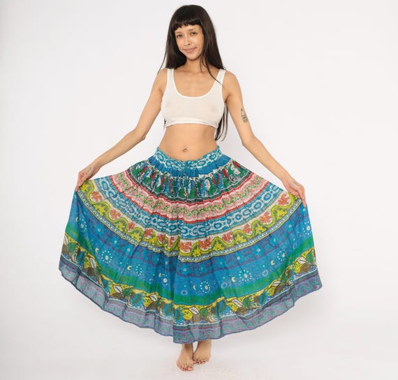 90s Bohemian Broomstick Skirt Tribal Tiered Cobalt Blue Yellow Green Drawstring Waist Gauze Paisley Floral Cotton Vintage Extra Large XL