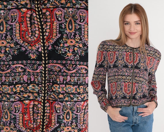 Paisley Floral Blouse 90s Silk Top Black Long Puff Sleeve Flower Print Casual Hippie Summer Bohemian Red 1990s Vintage Maggie London Medium