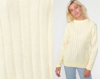 Cable Knit Sweater 80s Slouchy Cream Fisherman Sweater Knit Hipster Boho Pullover Cableknit 1980s Jumper Vintage Small Medium