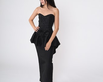 80s Party Dress Black Gunne Sax Dress Glitter Prom Dress Strapless Sweetheart Neckline Formal Maxi Vintage Cascade Ruffle Rear Slit 2xs xxs