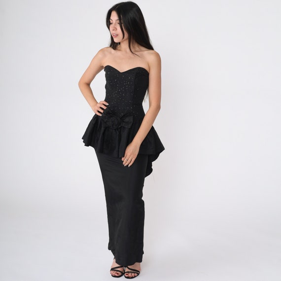 80s Party Dress Black Gunne Sax Dress Glitter Prom Dress Strapless Sweetheart Neckline Formal Maxi Vintage Cascade Ruffle Rear Slit 2xs xxs