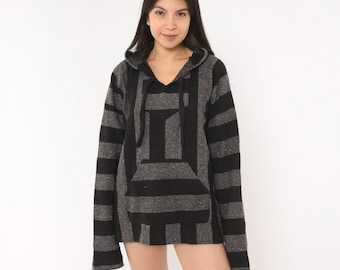90s Baja Hoodie Black Grey Striped Drug Rug Mexican Blanket Pullover Poncho Beach Drawstring Pocket Grunge Streetwear Unisex Extra Large XL