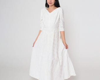 Vintage 40s White Embroidered Dress Floral V-Neck 3/4 Sleeve Evening Bridal Gown WWII Party 1940s Midi Formal High Waist Medium M