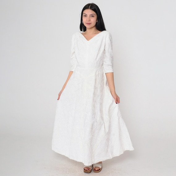 Vintage 40s White Embroidered Dress Floral V-Neck 3/4 Sleeve Evening Bridal Gown WWII Party 1940s Midi Formal High Waist Medium M