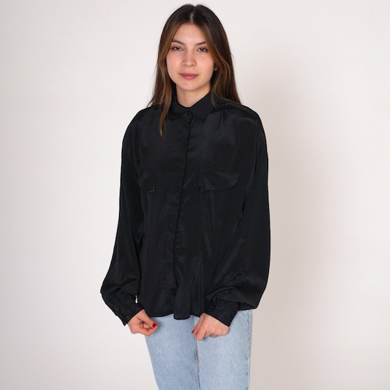 Black Blouse 90s Button Up Top Shiny Striped Long Sleeve Collared Shirt Retro Basic Formal Preppy Plain Collar Simple Vintage 1990s Medium M