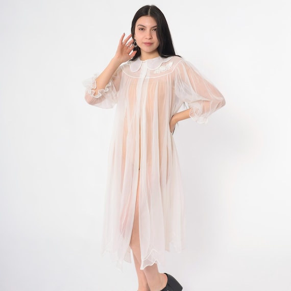 Vintage White Chiffon Robe 60s Shadowline Sheer Scalloped Peter Pan Collar Lace Nightgown Cover Up 1960s Loungewear Peignoir Midi Medium M