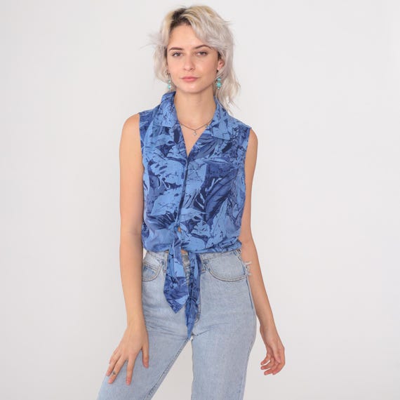 Y2K Crop Shirt Blue Silk Sleeveless Button Down Tropical Print Tie Front Collared Blouse Navy Abstract Leaf Pattern Resort Beach Medium M 8