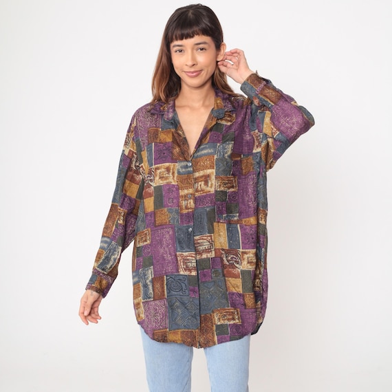 Silk Patchwork Shirt 90s Long Sleeve Purple Blue Brown Block Print Tunic Vintage Abstract Geometric Top Summer Blouse Extra Extra Large XXL