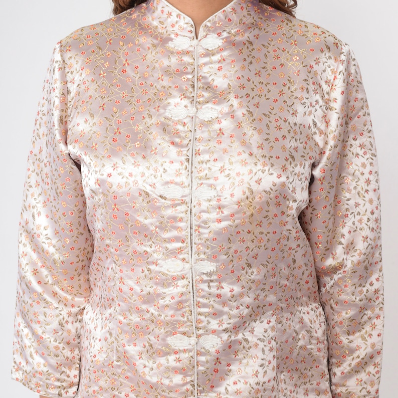 Asian Inspired Top 90s Baby Pink Blouse Floral Embroidered Shirt Frog Button up Mandarin Collar Long Sleeve Boho Shiny Vintage 1990s Large L image 6