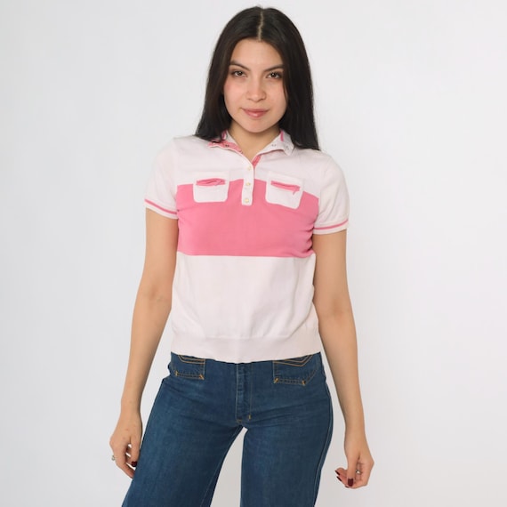 Vintage Color Block Polo Shirt 80s White Pink T-Shirt Quarter Button Up Banded Hem Top Striped Short Sleeve 1980s Petite Extra Small xs