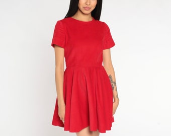 80s Mini Dress Red Corduroy Dress Fit and Flare Short Sleeve High Waist Dress Plain Simple Day Dress Casual Dress Vintage Boho Small S