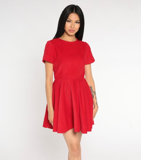 80s Mini Dress Red Corduroy Dress Fit and Flare Short Sleeve High Waist Dress Plain Simple Day Dress Casual Dress Vintage Boho Small S